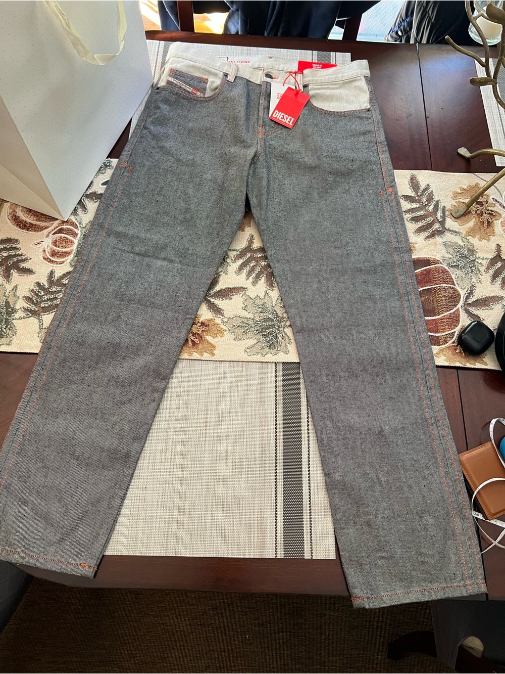 Diesel Two-Tone Gray Straight Jeans with Orange Stitching
